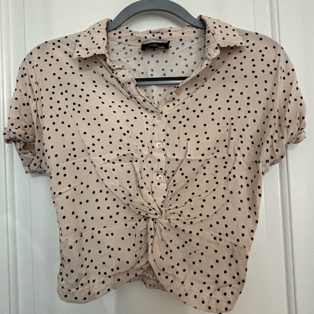 Polka Dot Twist Front Button-Up Women’s Top